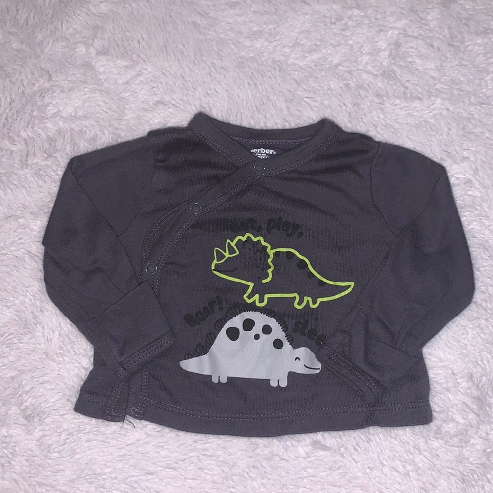 (3 for $10) gerber organic gray Dinosaur long sleeve button up top cotton